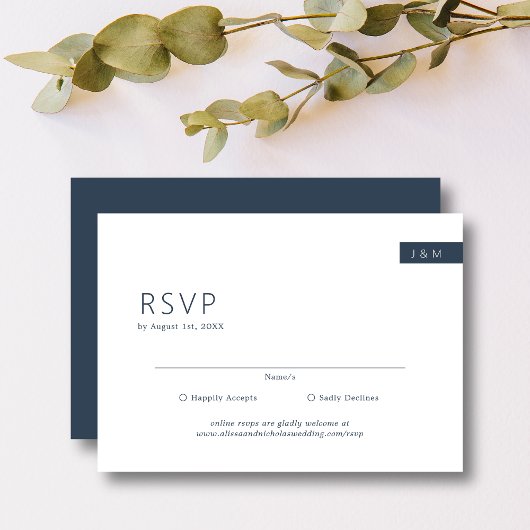 Classic Minimal Navy Blue & White Monogram Wedding RSVP Karte
