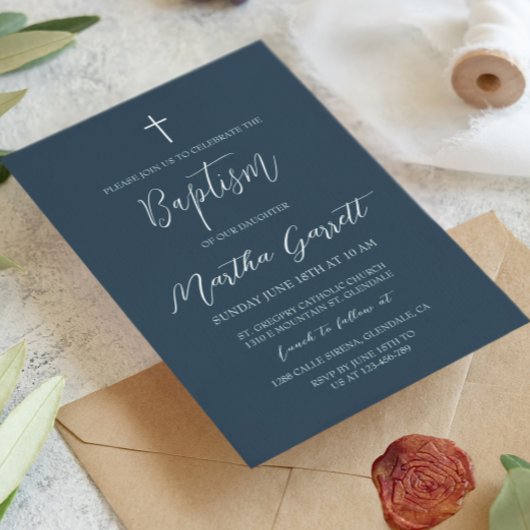 Classic Minimal White Blue Girl Taufe Einladung