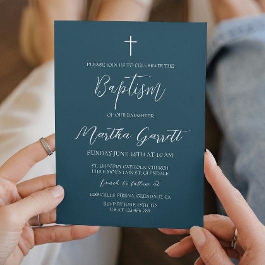 Classic Minimal White Blue Girl Taufe Einladung