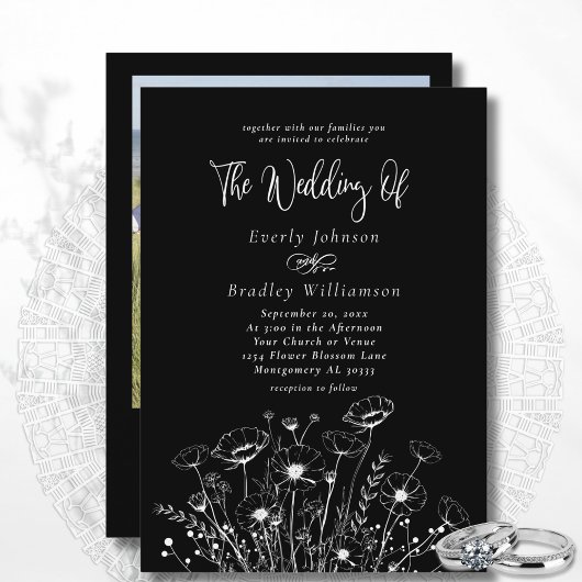 Classic Minimal White Wildblume Black Wedding Einladung