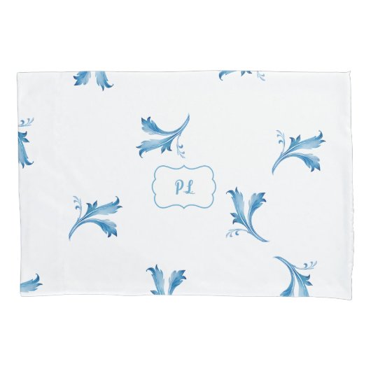 Classic Minimalist Blue Tile Leaf Ornaments Kissenbezug (Vorderseite-Links)