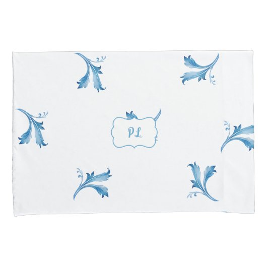 Classic Minimalist Blue Tile Leaf Ornaments Kissenbezug (Vorderseite-Rechts)