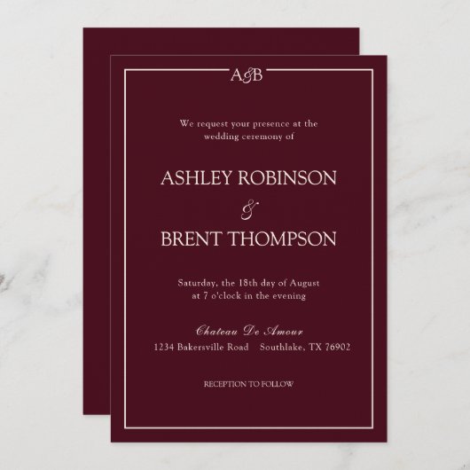 Classic Minimalist Monogram Burgundy and Ivory  Einladung (Vorne/Hinten)