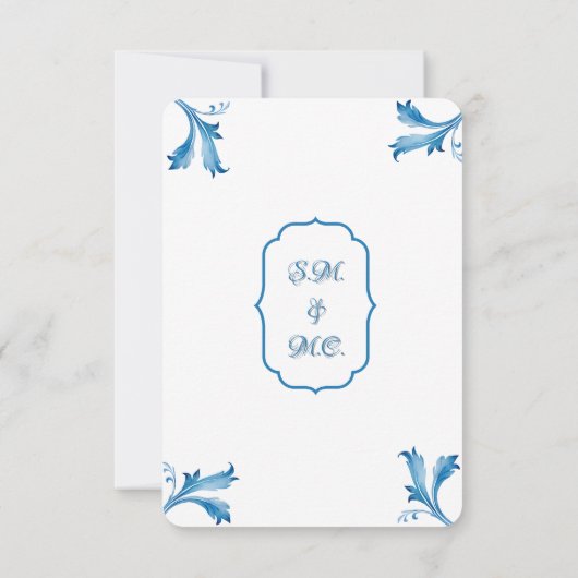 Classic Minimalistisch Blue Tile Leaf Ornamente Save The Date (Rückseite)
