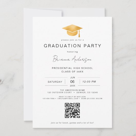 Classic Minimalistisch Gold QR Code Graduation Par Einladung (Vorderseite)