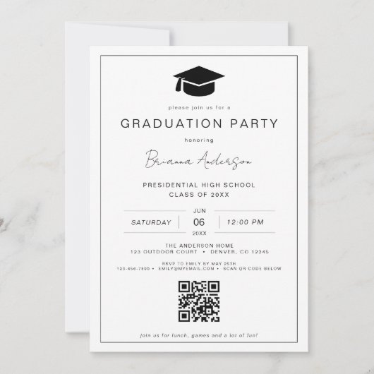 Classic Minimalistisch QR Code Graduation Party Einladung (Vorderseite)