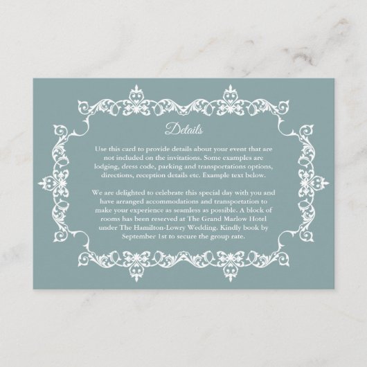 Classic Misty Sage Blue Ornately Framed Wedding Begleitkarte (Vorderseite)