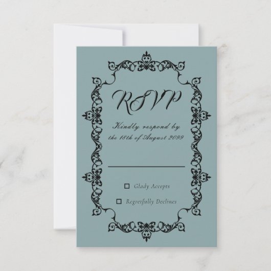 Classic Misty Sage Blue Ornately Framed Wedding RSVP Karte (Vorderseite)