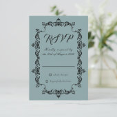 Classic Misty Sage Blue Ornately Framed Wedding RSVP Karte (Stehend Vorderseite)