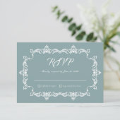 Classic Misty Sage Blue Ornately Framed Wedding RSVP Karte (Stehend Vorderseite)