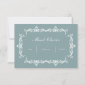 Classic Misty Sage Blue Ornately Framed Wedding RSVP Karte (Rückseite)