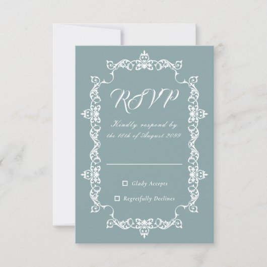 Classic Misty Sage Blue Ornately Framed Wedding RSVP Karte (Vorderseite)