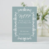 Classic Misty Sage Blue Ornately Framed Wedding RSVP Karte (Stehend Vorderseite)
