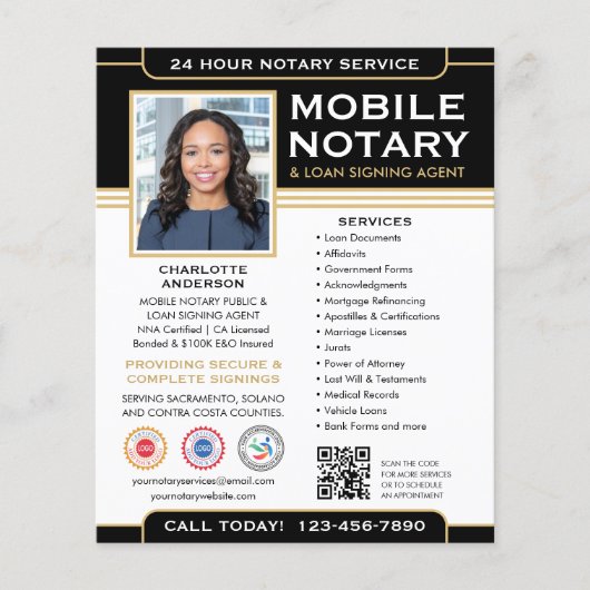 Classic Mobile Notary Public QR Code Black Gold Flyer (Vorne)