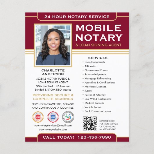 Classic Mobile Notary Public QR Code Burgundy Flyer (Vorne)