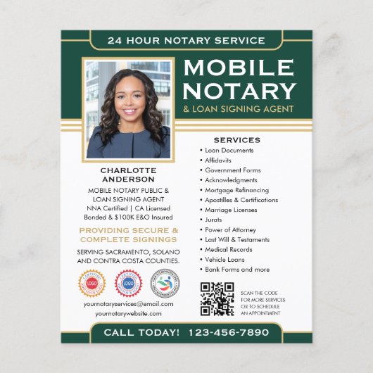 Classic Mobile Notary Public QR Code Green Flyer (Vorne)