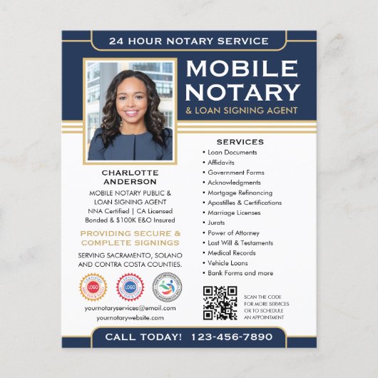 Classic Mobile Notary Public QR Code Navy Blue Flyer (Vorne)