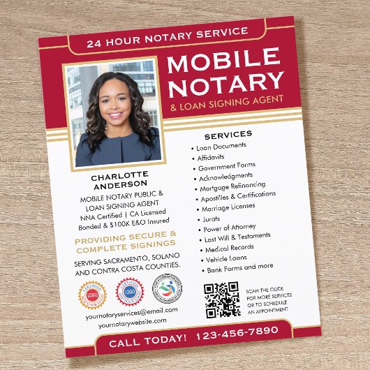 Classic Mobile Notary Public QR Code Red Editable Flyer