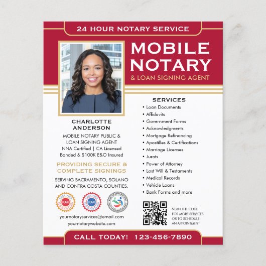 Classic Mobile Notary Public QR Code Red Editable Flyer (Vorne)
