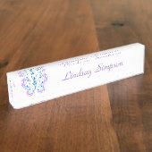 Classic Modern Blue Pink Lila Butterfly Art Namensplakette (Seite)