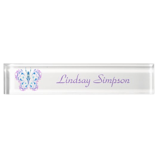 Classic Modern Blue Pink Lila Butterfly Art Namensplakette (Vorderseite)