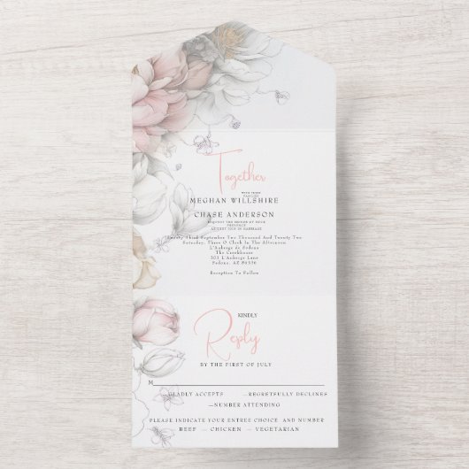 Classic Modern Ivory and Blush Floral All In One Einladung (Innen Boden)