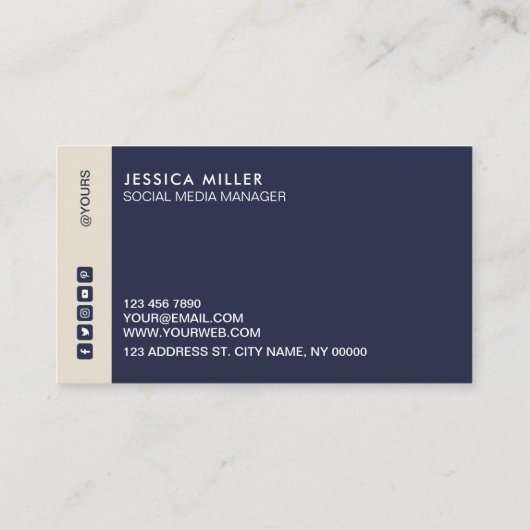Classic Modern Midnight Blue & Beige Social Media Visitenkarte (Rückseite)