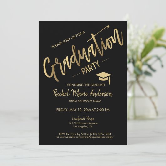 Classic Modern Minimal Black Gold Graduation Party Einladung (Stehend Vorderseite)