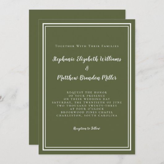 Classic Modern Simple Olive Green Elegante Hochzei Einladung (Vorne/Hinten)
