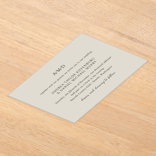 Classic Monogram Beige Formal Elegante Hochzeit Acryleinladungen (Ablage )
