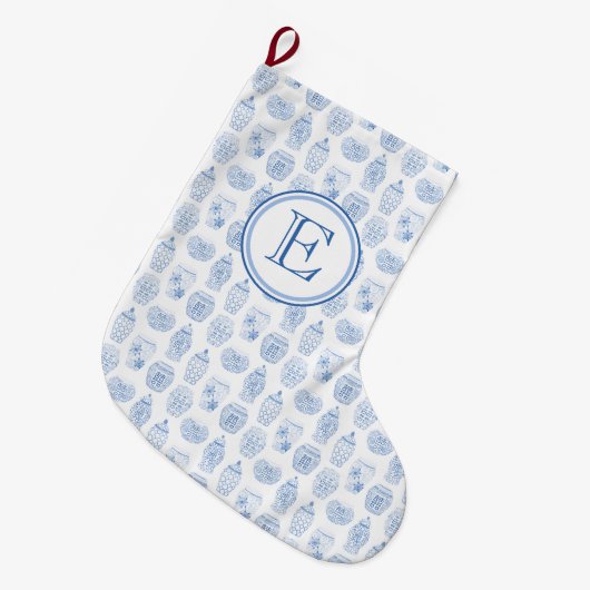 Classic Monogram Blue and White Ginger Jar Großer Weihnachtsstrumpf (Vorderansicht (hängend))