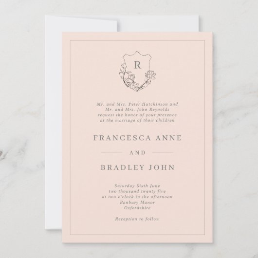 Classic Monogram Blush Jasmine Wappen Wedding Einladung (Vorderseite)