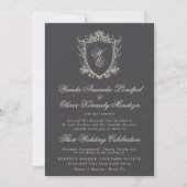 Classic Monogram Charcoal Floral Crest Wedding Einladung (Vorderseite)