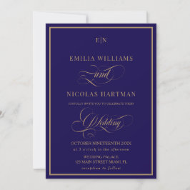 Classic Monogram Cobalt Blue Gold Wedding Einladung