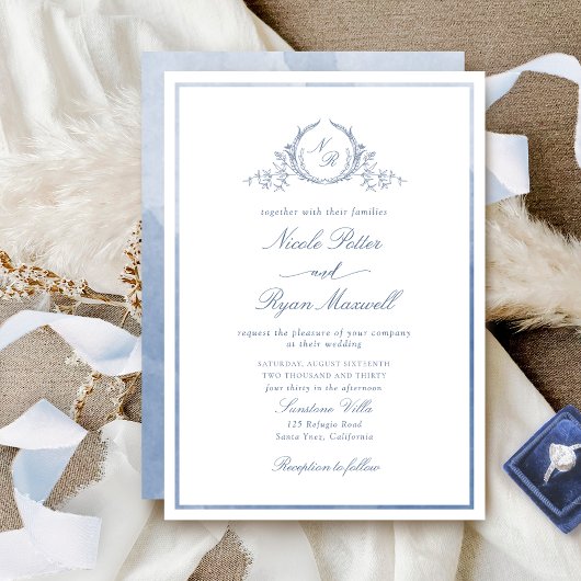 Classic Monogram Dusty Blue Watercolor Wedding Einladung