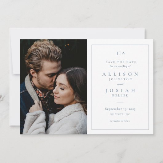 Classic Monogram Dusty Blue Wedding Foto Save The Date (Vorderseite)