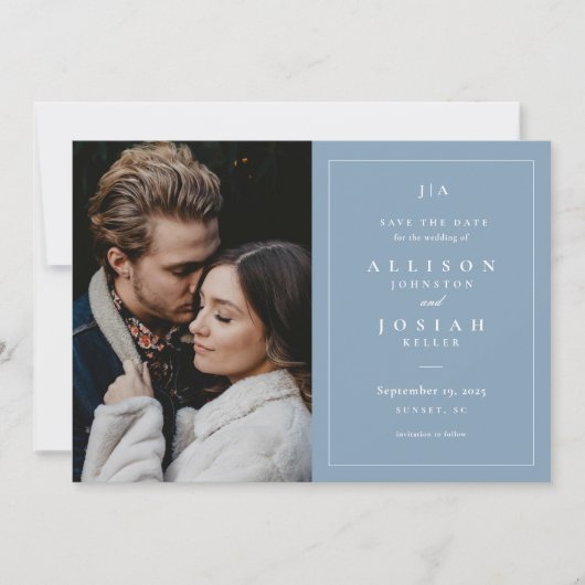 Classic Monogram Dusty Blue Wedding Foto Save The Date (Vorderseite)