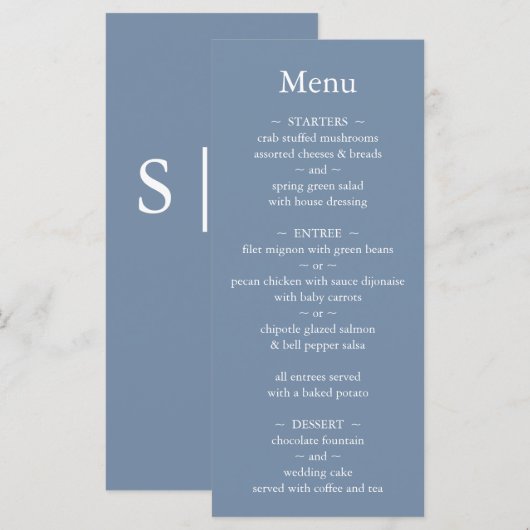 Classic Monogram Dusty Blue Wedding Menükarte (Vorne/Hinten)