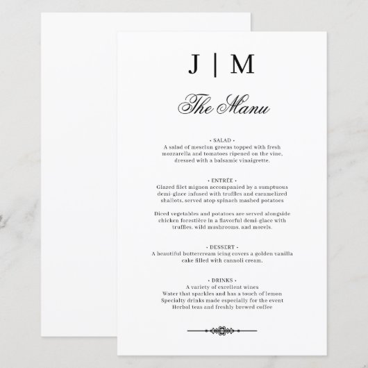 Classic Monogram Elegant Wedding Menu (Vorne/Hinten)