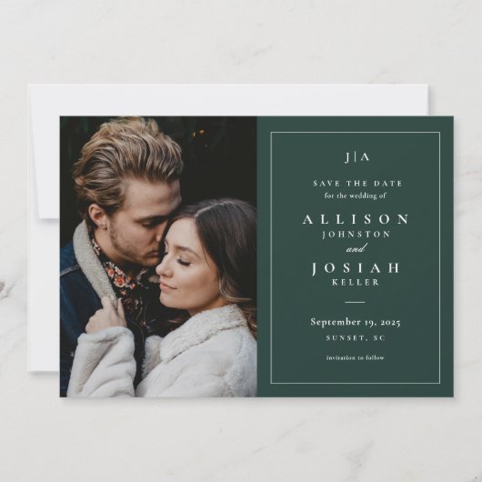 Classic Monogram Forest Green Wedding Foto Save The Date (Vorderseite)