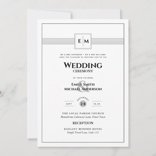 Classic Monogram Formale Wedding White All in 1 In Einladung (Vorderseite)