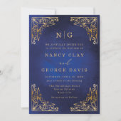 Classic Monogram Gold Frame Verziert Blue Wedding Einladung (Vorderseite)