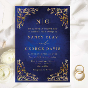 Classic Monogram Gold Frame Verziert Blue Wedding Einladung