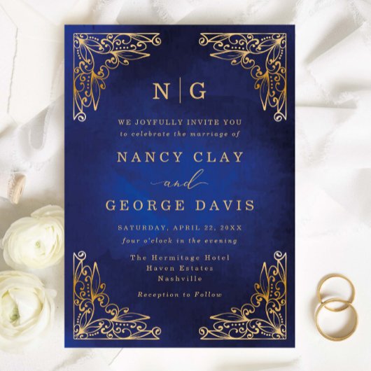 Classic Monogram Gold Frame Verziert Blue Wedding Einladung