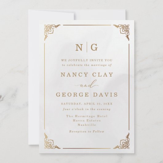 Classic Monogram Gold Verziert Frame Wedding Einladung (Vorderseite)