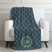 Classic Monogram Gold Wreath Green Tartan Plaid Fleecedecke