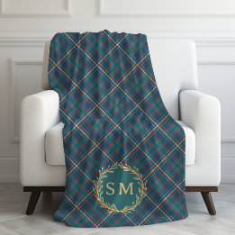 Classic Monogram Gold Wreath Green Tartan Plaid Fleecedecke
