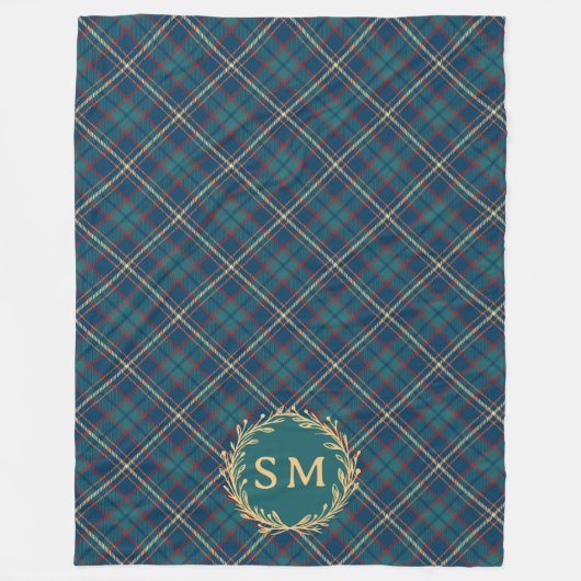 Classic Monogram Gold Wreath Green Tartan Plaid Fleecedecke (Vorderseite)