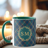 Classic Monogram Gold Wreath Green Tartan Plaid Tasse