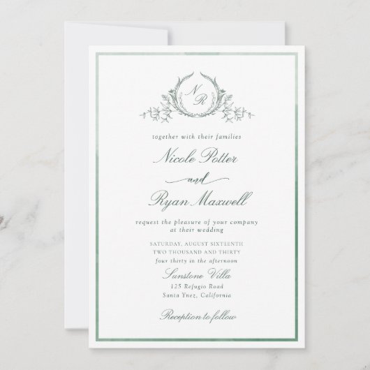 Classic Monogram Green Watercolor Wedding Einladung (Vorderseite)
